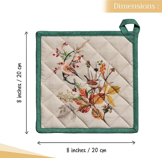 Maison d' Hermine Pot Holders Set 100% Cotton Heat Resistant Potholders 8" x 8" Hot Pads with Loop BBQ, Cooking, Baking, Grilling, Kitchen, Handling Hot Pans (Pack of 2, Recolte)