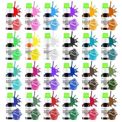 Gel Food Coloring 24 Colors x 0.35 oz Concentrated Gel Based Food Dye Vibrant Icing Colors Neon Food Coloring for Baking Cake Decorating Cookies Fondant, 10g / Bottle