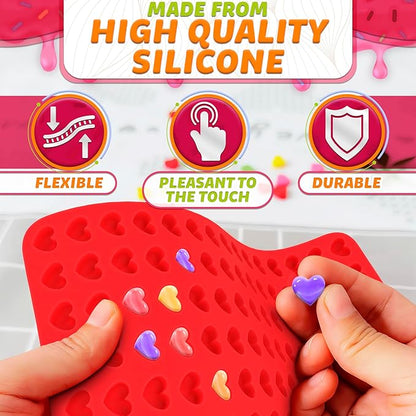 255 Cavities Mini Hearts Mold - 15.4" x 10.9" Mini Heart Silicone Mold for Making Candies, Chocolates and Gummies - Red Heart Ice Cube Tray with Easy Demolding, Flexible & Durable Heart Molds Silicone