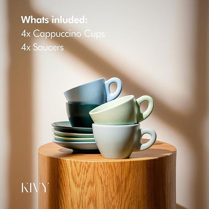 KIVY Cappuccino cups set of 4 [8oz] - Thick-walled stoneware cappuccino cup set for latte art - Cappuccino coffee cups - Tazas de cafe - Latte cups - Latte art cup and saucer set of 4 - Green, Blue