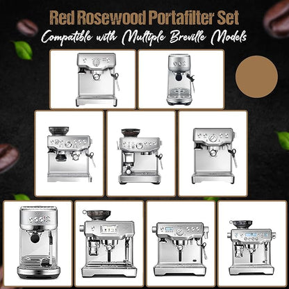 54mm Bottomless Portafilter 3 Ears Black Rosewood Handle Set– Fits Breville Barista Express, Bambino, Impress, Duo Temp Pro and Infuser – Includes 18g Filter Basket & 1.7mm Puck Screen