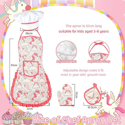 KAEGREEL Kids Baking Chef Set with Unicorn Apron and Mitt, 26pcs Kid Cooking Set with Chef Hat Spoons Whisk, Chef Dress Up Role Play Gifts for Girls Boys Aged 3 4 5 6 7 8
