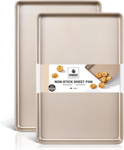 HONGBAKE 2 Pack Jelly Roll Pan 15x10, Commercial Cookie Sheets for Baking with Diamond Texture Surface, 57% Thicker Carbon Steel Baking Sheet for Oven, Nonstick Cooking Tray