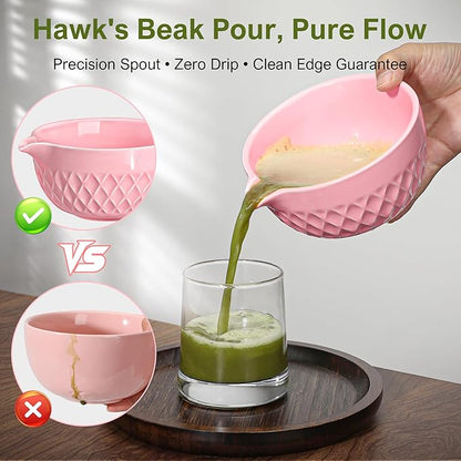 Matcha Whisk Set, 7 Pcs Matcha Kit, Ceramic Matcha Set Includes Matcha Bowl with Spout, Matcha Whisk and Holder, Bamboo Scoop, Scoop Rest, Sifter and Tea Towel (Cherry Blossom Pink)