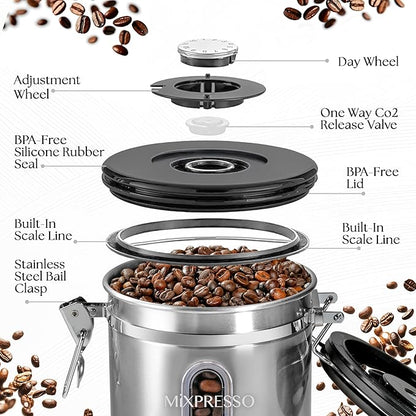 Mixpresso 16 Oz Coffee Canister with Window, Stainless Steel Airtight Coffee Container & scoop, Jar Tea Storage with Date Tracker, Vacuum Sealed Espresso Airtight Canister, Sugar Container