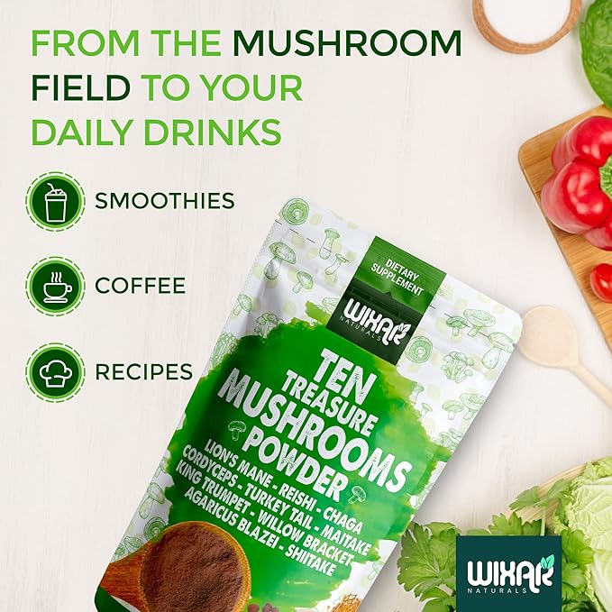Wixar Mushroom Powder - Ten Treasure Mushrooms Extract Supplement Blend for Coffee & Smoothies - Lions Mane, Turkey Tail, Reishi, Chaga, Shiitake, Cordyceps, Complex - 4oz Mushroom Supplement