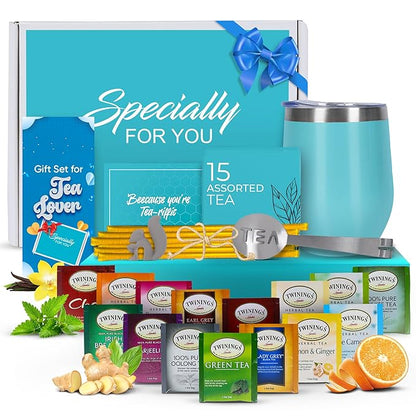 Modern Elegance Tea Tumbler Gift Set – Includes Tea Bag Holder, Spoon, Honey Straw, 15 Assorted Flavor Blends & Hot & Cold 12oz Insulated Tumbler – Ideal for Holiday Gift for Tea Lovers – Teal