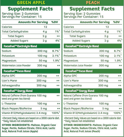 FocusFuel Energy Chews Variety Pack – Peach & Green Apple (2-Pack, 30 Servings Total) – 100mg Natural Caffeine + Nootropics – Crisp, Sweet Energy Combo