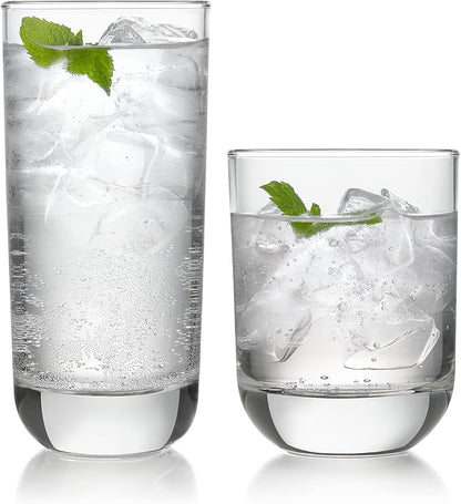 Libbey Polaris Tumbler and Rocks Glass Set, Elegant Drinkware Glasses Set,, Tall Drinking Glasses with Modern Clean Lines, Dishwasher Safe Drinking Glasses Set of 16