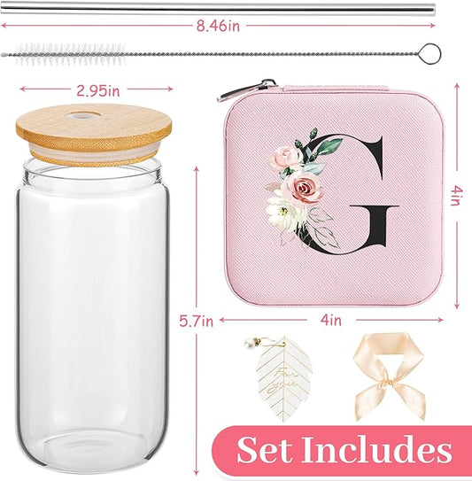 AYGXU Travel essential jewelry box,16oz Glass Cups with Bamboo Lids and Straws set,Personalized Jewelry Boxes for Women Girls,Travel Gifts for Women,Birthday Gifts for Girls,Initial G pink
