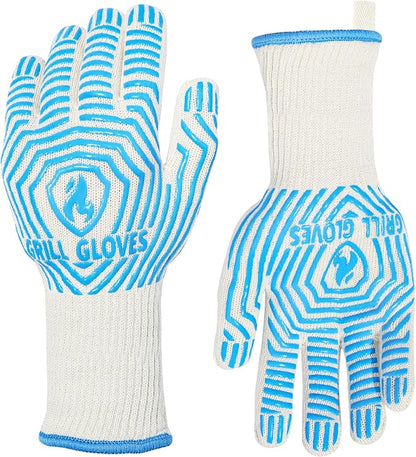 QUWIN BBQ Gloves, Oven Gloves 1472℉ Extreme Heat Resistant, Grilling Gloves Silicone Non-Slip Oven Mitts, Kitchen Gloves for BBQ, Grilling, Cooking, Baking-1 Pair… (Blue, One Size(Long Cuff))