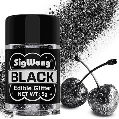 Black Edible Glitter - 5g Food Grade Cake Decorating Shimmering Glitter, Edible Sprinkle Luster Dust for Drinks, Chocolates, Fondant, Strawberries, Cupcakes, Candy, Cookie - Vegan