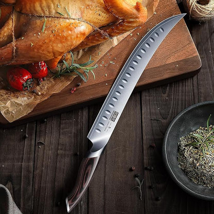 Carving Slicing Knife, 10 Inch Japanese High Carbon Steel Brisket Knife with Ergonomic Pakkawood Handle, Razor Sharp Curved Butcher Breaking Knives for Meat Cutting