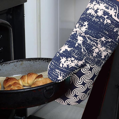 Thumb Oven Mitts, Heat and Slip Resistant Silicone Kitchen Mittens 2-Pack Set, Birds Flower Soft Long Oven Gloves, Flexible Thick Potholders for Safe Baking Cooking and Grilling (Navy)