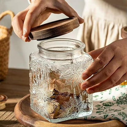 Snminetal Vintage Glass Airtight Storage Jar, With Airtight Wood Lid, Kitchen Food Storage Containers,for Kitchen Counter, Pantry, Tea, Sugar, Coffee Tea Beans,Food Storage Jar (Sunflower*2+plum*2)