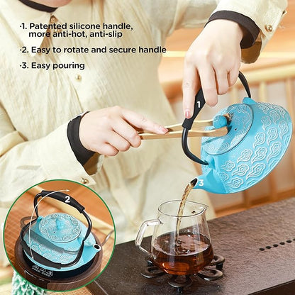 Cast Iron Teapot, Japanese Tea Pot with Infuser for Loose Leaf, Tea Kettle Stovetop Safe Coated with Enameled Interior, Clouds Pattern 27oz, 800ml Sky-Blue