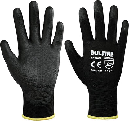 DULFINE Ultra-Thin PU Coated Work Gloves-12 Pairs,Excellent Grip,Nylon Shell Black Polyurethane Coated Safety Work Gloves, Knit Wrist Cuff,Ideal for Light Duty Work. (Large)