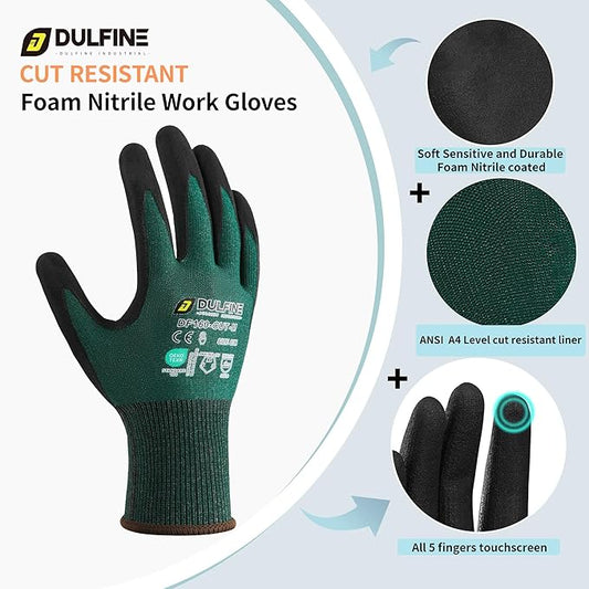 DULFINE ANSI A4 Cut Resistant Work Gloves for Men,6 Pairs Pack.Touchscreen Micro Nitrile Coated,Anti-Slip & Durable for Construction, Wood Cutting,Glass Factory Industrial Use(Large)