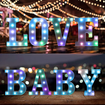Foaky Colorful LED Letter Lights with Remote,Marquee Light Up Letters Sign for Night Light Wedding/Birthday Party Battery Powered Christmas Lamp Home Bar Decoration(N)