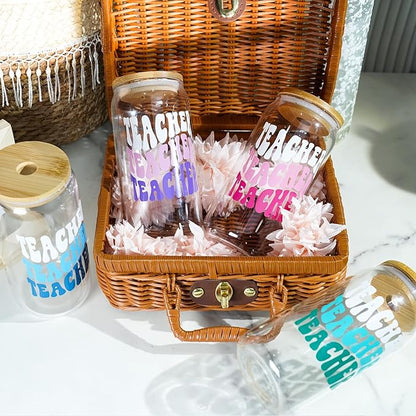 Teacher Appreciation Gifts - 4Pack End of Year Teacher Gifts for Women Men, 18oz Teachers Glass Cup with Bamboo Lid and Straw Glass Coffee Cups Unique Thank You Teachers Tumbler Mug Gift from Students