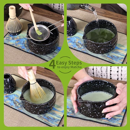 Japanese Matcha Whisk Set - 7-Piece Kit Bamboo Chasen, Ceramic Bowl with Spout, Stainless Steel Sifter & Holder Black