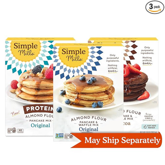Simple Mills Almond Flour Pancake & Waffle Mix Variety Pack (Original, Cocoa, and Original Protein) - Gluten Free, Non-GMO, Breakfast (Pack of 3)