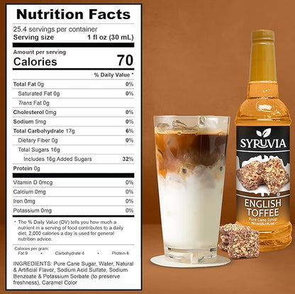 Syruvia Coffee Syrup, English Toffee Flavored Syrup for Drinks, Lattes, and Desserts – 25.4 fl oz, With Pump