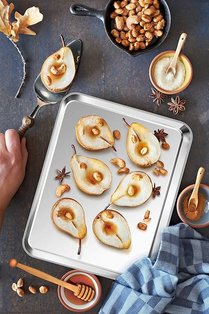 P&P CHEF 12.5 Inch Baking Cookie Sheet, Oven Pan Tray Stainless Steel Sheet Pan for Kitchen, Oven Bakeware for Multi Uses, Shiny Look & Dishwasher Safe, Healthy & Heavy Duty, 4Pcs