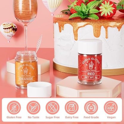 Cherrysea Edible Glitter for Drinks Cocktails Food Grade Edible Drink Shimmer Powder for DIY Champagne Beverages Wine 2 Colors Vegan Edible Luster Dust Set 4g/Bottle Gluten Free - Orange+Red