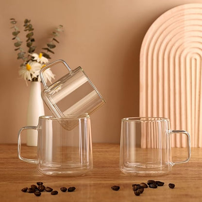 CNGLASS 15.2oz(4-pack) Glass Coffee Mugs,Double Wall Insulated Glass Mugs with Handle,Clear Espresso Mugs for Latte,Cappuccino,Tea Bag