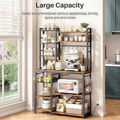 Baker Rack with Power Outlet - Microwave Stand with Storage, Large Coffee Bar Station with 14 Hooks, Metal Kitchen Shelf Rack for Spices, Pots (Rustic Brown)