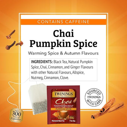 Twinings Pumpkin Spice Chai Black Tea Individually Wrapped Bags, 20 Count (Pack of 6), Warm, Spicy & Aromatic, Caffeinated, Enjoy Hot or Iced, 120 Teabags