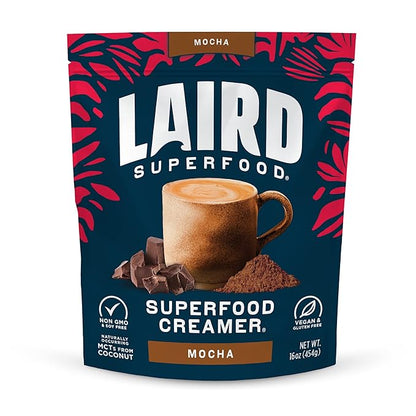 Laird Superfood Non-Dairy Coffee Creamer Mocha, Shelf-Stable Superfood Non-Dairy Powder Creamer, Gluten Free, Non-GMO, Vegan, 16 oz. Bag, Pack of 1