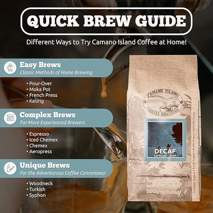 Camano Island Coffee Roasters Decaf Espresso Blend, Ground 1lb, Fresh Dark Roast Swiss Water Processed, USDA Organic, Fairly Traded, Shade Grown Top 1% Arabica, Sweet Molasses, Mixed Berry Flavor