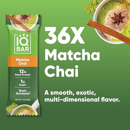 IQBAR Brain and Body Plant Protein Bars - Matcha Chai - 36-Count - Keto, Vegan, Low Carb, High Fiber, Gluten Free, Dairy Free, Low Sugar Snack with Nutrients for Focus, Energy, Meal Replacement