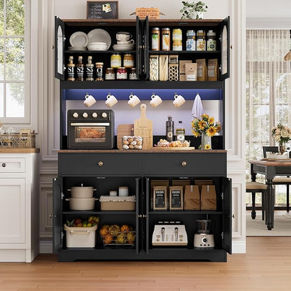 HIFIT 71" LED Kitchen Pantry Cabinet with Power Outlet, Large Kitchen Hutch Storage Cabinet with Arched Door & Shelves & 2 Drawers, Tall Farmhouse Coffee Bar w/Hutch for Home Dining Living Room, Black