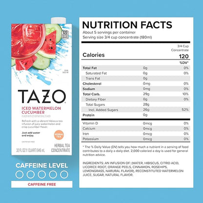 TAZO Tea Concentrate, Organic Skinny Chai Latte, Refreshers Iced Watermelon Cucumber, & Iced Peach Mango 32 Fl Oz (1ea) (Variety Pack)