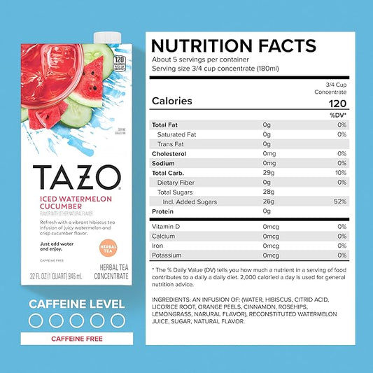 TAZO Tea Concentrate, Organic Skinny Chai Latte, Refreshers Iced Watermelon Cucumber, & Iced Peach Mango 32 Fl Oz (1ea) (Variety Pack)