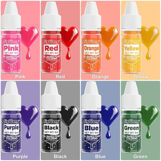 Oil Based Food Coloring - 8 Colors Upgraded Food Coloring for Chocolate, SigWong Oil Based Food Dye for Cake Decorating, Baking, Cookies, Icing Frosting, Fondant - 0.25 Fl.Oz/Bottles