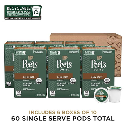Peet's Coffee, USDA Organic Dark Roast Keurig K-Cup Pods - Alma de la Tierra 60 Count (6 Boxes of 10 K-Cup Pods)