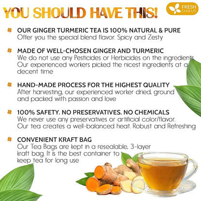 FreshDrinkUS, Premium 45 Ginger Turmeric Tea Bags, 100% Natural Ingredients, Hand-made Blend of Ginger and Turmeric Herbal Tea, Eco-conscious Tea Bags. No Sugar, No Caffeine, No Gluten, Vegan.
