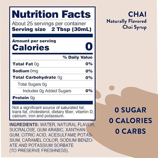 Jordan's Sugar Free Chai Syrup - 25.4oz, Gluten Free, Keto, For Coffee, Latte, Shakes