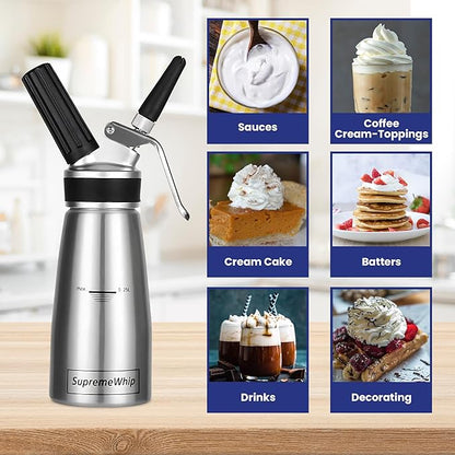 PRO Cream Dispenser, Durable High-Grip, Metal Lid with Rubber, 3 Nozzles, for Hot/Cold Use, Cleaning Brush Included, Silver - 250 ml/1 Pint