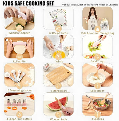 Wooden Cooking & Baking Set for Real Cooking, 32PCS Mini Knife Set Safe Montessori Kitchen Tools, Kitchen Knifes/Cutting Board/Apron with Storage Bag, Baking Utensils Christmas Gift for Little Chef
