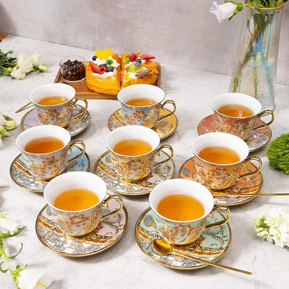 Tea Cups and Saucers Set of 8, 8 OZ Floral Tea Cup with Saucer, Vintage Tea Cups Porcelain Tea Set with Spoon for Latte, Mocha, Afternoon Tea Birthday Party Supply Thanksgiving Day Halloween gifts