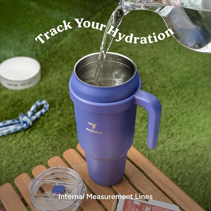 REDUCE 50 oz Stainless Steel Tumbler with Handle - Dual-Wall Vacuum Insulated Travel Mug, Sweat-Proof Lid & Reusable Straw - Keeps Drinks Cold for 24 Hrs, Fits Cupholders, Dishwasher Safe - Black