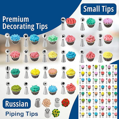 204 PCS Cake Decorating Kit, Aluminum Rotating Turntable Stand, Baking Supplies Kit Set with 4 Springform Pan Sets, 55 Icing Piping Nozzles, Cake Topper, Icing Spatula, Scraper, Pro Baking Tools