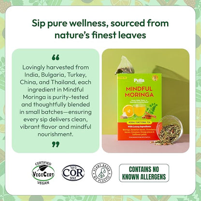 Moringa and Dandelion Tea – With Orange, Cinnamon, Strawberry, and Safflower Petals – Gluten-Free, Vegan, Kosher – Caffeine-Free, Healthy Energy Drink – Herbal Blend for Focus & Wellness (25 Tea Bags)