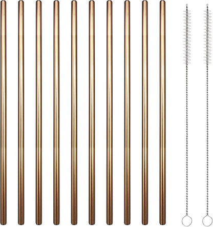 10 Pcs Stainless Steel Straws, Reusable Drinking Straws, Straight Metal Straw Sets with 2 Pcs Cleaning Brushes (8.5 Inch, Rose Gold)