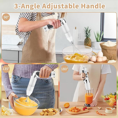 Cordless Immersion Blender Handheld: 3-in-1 Rechargeable Electric Hand Blender Stick, 21-Speeds & 3-Angle Adjustable with 700ml Beaker, Egg Whisk and Beater for Smoothies, Soup,Puree,Baby Food (White)